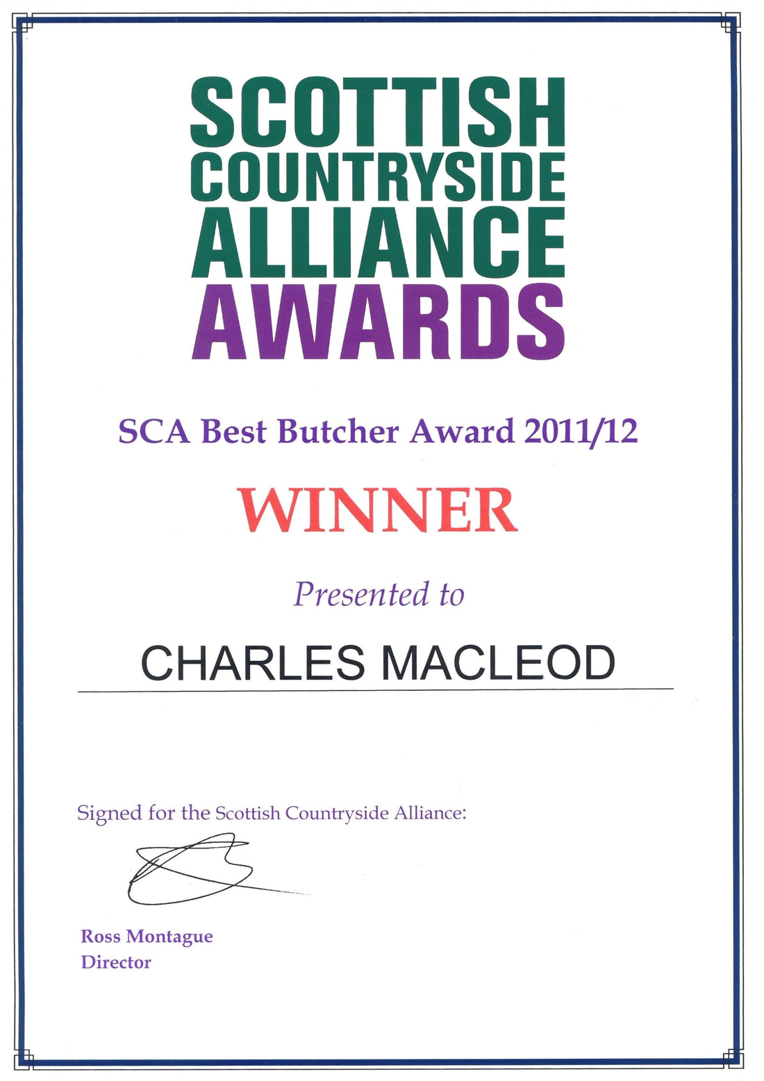 Scottish Countryside Alliance Awards - Best Butcher 2011/12